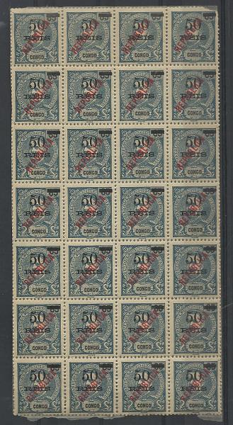 1120.jpg -     Lote:    1120            Congo       Descrição:         1914/18 &mdash; D. Carlos I, com sobretaxa e sobrecarga REPUBLICA local. CE123, 50 s/ 65 reis. Folha completa de 28 selos, com papel seda colado no verso. A folha contêm 2 selos com o "5" fendido e "5" com bandeira curta. Valor de catálogo &euro; 212,50.        *       Valor Base:     &euro; 50,00     Valor Venda:     &euro; 50,00       