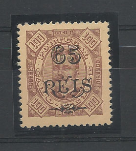 1125.jpg -     Lote:    1125            Cabo Verde       Descrição:         1902 &mdash; D. Carlos I, tipo Diogo Neto, com sobretaxa. CE63, 65 s/ 100 reis, denteado 12 &frac12;,. Valor de catálogo &euro; 43,00.        **       Valor Base:     &euro; 8,00     Valor Venda:     &euro; 8,00       