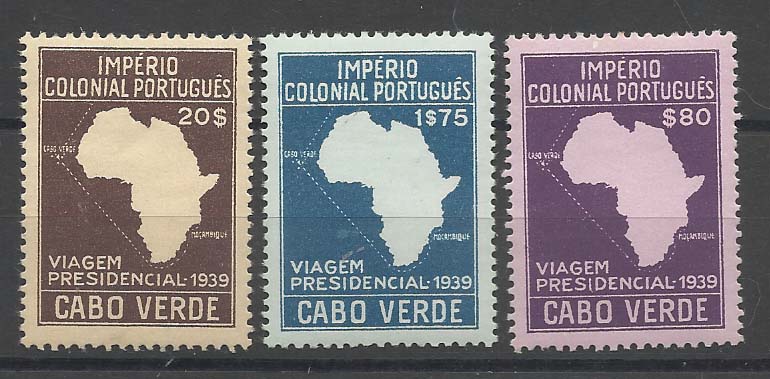 1129.jpg -     Lote:    1129            Cabo Verde       Descrição:         1939 &mdash; Segunda Viagem Presidencial às Colónias. CE308/309, 311. Valor de catálogo &euro; 184,00.        **       Valor Base:     &euro; 22,00     Valor Venda:     Retirado     