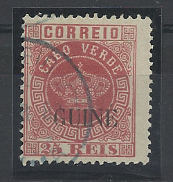 1133.jpg -     Lote:    1133            Guiné       Descrição:         1885 &mdash; Tipo Coroa. Selos de Cabo Verde com sobrecarga GUINE grande. CE13, 25 reis rosa, denteado 13 &frac12;. Valor de catálogo &euro; 63,00.        O       Valor Base:     &euro; 15,00     Valor Venda:     &euro; 24,00       
