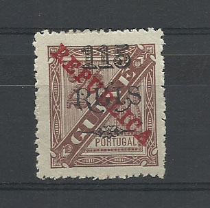 1136.jpg -     Lote:    1136            Guiné       Descrição:         1902 &mdash; D. Carlos I, tipo Diogo neto, com sobretaxa e sobrecarga REPUBLICA. CE163, 115 reis s/ 2 &frac12; reis, denteado 13 &frac12;. Valor de catálogo &euro; 225,00.        **       Valor Base:     &euro; 40,00     Valor Venda:     &euro; 40,00       
