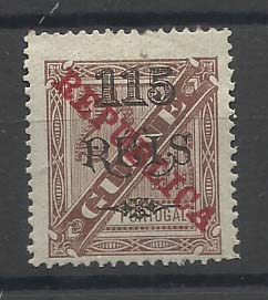 1137.jpg -     Lote:    1137            Guiné       Descrição:         1915 &mdash; D. Carlos I, com sobrecarga REPUBLICA da Casa da Moeda. CE163, 115 s/ 2 &frac12; reis castanho, em denteado 13 &frac12;. Valor de catálogo &euro; 225,00.        **       Valor Base:     &euro; 50,00     Valor Venda:     &euro; 50,00       