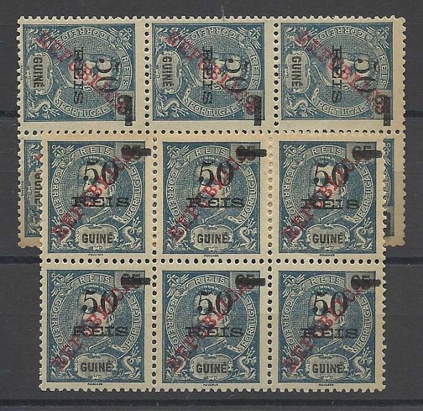 1138.jpg -     Lote:    1138            Guiné       Descrição:         1915 &mdash; D. Carlos I, com sobretaxa e sobrecarga REPUBLICA da Casa da Moeda. CE171, 50 s/ 65 reis. Dois blocos de seis selos. Um selo com "5" fendido na curvatura inferior (não catalogado).        *       Valor Base:     &euro; 10,00     Valor Venda:     &euro; 26,00       