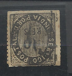 1147.jpg -     Lote:    1147            Índia       Descrição:         1871 &mdash; Nativos. Tipo II. CE8, 10 reis preto, papel espesso. Selo destacado á tesoura. Valor de catálogo &euro; 200,00.        O       Valor Base:     &euro; 30,00     Valor Venda:     &euro; 30,00       