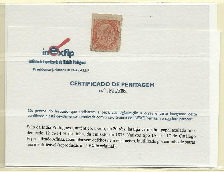 1156.jpg -     Lote:    1156            Índia       Descrição:         1873 &mdash; Nativos. Tipo IA. CE17, 20 reis, laranja vermelho, em papel azulado fino. Valor de catálogo &euro; 220,00. Certificado de Peritagem do INEXFIP.        O       Valor Base:     &euro; 50,00     Valor Venda:     &euro; 50,00       