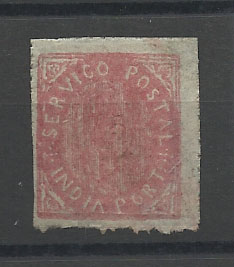 1164.jpg -     Lote:    1164            Índia       Descrição:         1875 &mdash; Nativos. Tipo IIA. CE24, 15 reis rosa vermelho, com impressão parcial do n.º "1".        **       Valor Base:     &euro; 20,00     Valor Venda:     Retirado     
