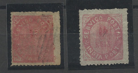 1165.jpg -     Lote:    1165            Índia       Descrição:         1875 &mdash; Nativos. Tipo IIA. CE24, 15 reis rosa. Lote de dois selos, um novo e outro usado. Valor de catálogo &euro; 41,00.        **/O       Valor Base:     &euro; 10,00     Valor Venda:     Retirado     