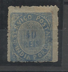 1170.jpg -     Lote:    1170            Índia       Descrição:         1876 &mdash; Nativos. Tipo III. CE42, 40 reis azul, papel fino azulado. Valor de catálogo &euro; 35,00.        **       Valor Base:     &euro; 10,00     Valor Venda:     Retirado     