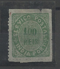 1173.jpg -     Lote:    1173            Índia       Descrição:         1876 &mdash; Nativos. Tipo III. CE43, 100 reis verde, papel fino azulado. Valor de catálogo &euro; 145,00.        **       Valor Base:     &euro; 40,00     Valor Venda:     &euro; 55,00       