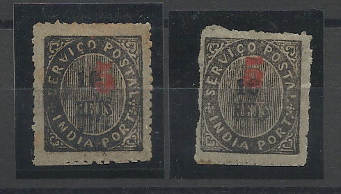 1176.jpg -     Lote:    1176            Índia       Descrição:         1881 &mdash; Nativos. Com sobretaxa. Tipo ID. CE62, 5 s/ 10 reis preto- Lote de dois selos. Valor de catálogo &euro; 40,00.        **       Valor Base:     &euro; 10,00     Valor Venda:     &euro; 22,00       