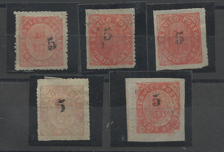 1177.jpg -     Lote:    1177            Índia       Descrição:         1881 &mdash; Nativos. Com sobretaxa. CE64, 20 reis vermelho. Tipo ID, sobrecarga B. Lote de 5 selos. Valor de catálogo &euro; 25,00.        **       Valor Base:     &euro; 5,00     Valor Venda:     Retirado     