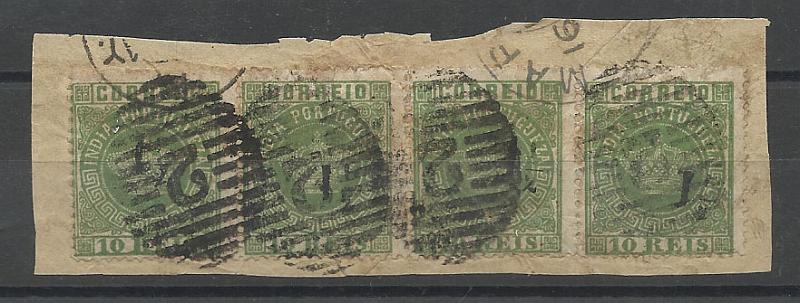 1179.jpg -     Lote:    1179            Índia       Descrição:         1881/83 &mdash; Tipo Coroa, com sobretaxa. CE67, 1 &frac12; s/ 10 reis verde, denteado 13 &frac12;, sobrecarga manual. Fragmento com 4 selos obliterados com carimbo numérico "2- MAPUÇÁ".        FRG       Valor Base:     &euro; 40,00     Valor Venda:     &euro; 160,00       
