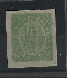 1183.jpg -     Lote:    1183            Índia       Descrição:         1883 &mdash; Nativos. Valor em moeda local. Tipo IIIC. CE128, 6 reis verde. Valor de catálogo &euro; 140,00.        **       Valor Base:     &euro; 35,00     Valor Venda:     Retirado     