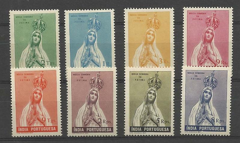 1197.jpg -     Lote:    1197            Índia       Descrição:         1949 &mdash; Nossa Senhora de Fátima, coroada. CE 390/397. Série completa. Valor de catálogo &euro; 195,00.        ***       Valor Base:     &euro; 35,00     Valor Venda:     Retirado     