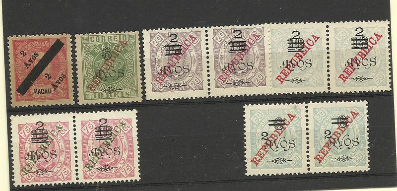 1204.jpg -     Lote:    1204            Macau       Descrição:         1911/13 &mdash; D. Carlos, com sobretaxa e sobrecarga. Lote composto por dois selos isolados CE145 e 165 + 4 pares de selos CE182/184 e CE. Valor de catálogo &euro; 119,80.        *       Valor Base:     &euro; 30,00     Valor Venda:     &euro; 40,00       