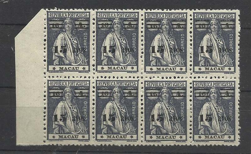 1212.jpg -     Lote:    1212            Macau       Descrição:         1931/33 &mdash; Ceres. Com sobretaxa. CE266, 15 s/ 16 avos ardósia. Bloco de 8 selos. Valor de catálogo &euro; 83,20.        ***       Valor Base:     &euro; 22,00     Valor Venda:     Retirado     