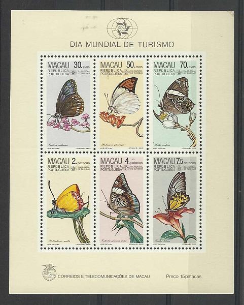 1219.jpg -     Lote:    1219            Macau       Descrição:         1985 &mdash; Dia Mundial do Turismo * Borboletas da Região. CE BLC3. Valor de catálogo &euro; 65,00.        BLC***       Valor Base:     &euro; 25,00     Valor Venda:     &euro; 34,00       
