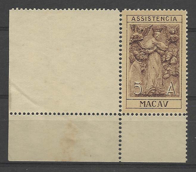 1234.jpg -     Lote:    1234            Macau       Descrição:         1930 &mdash; Imposto Postal. Nossa Senhora das Misericórdias, CE IP6, 5 avos. Selo em canto de folha. Valor de catálogo &euro; 51,00.        *       Valor Base:     &euro; 12,00     Valor Venda:     &euro; 24,00       