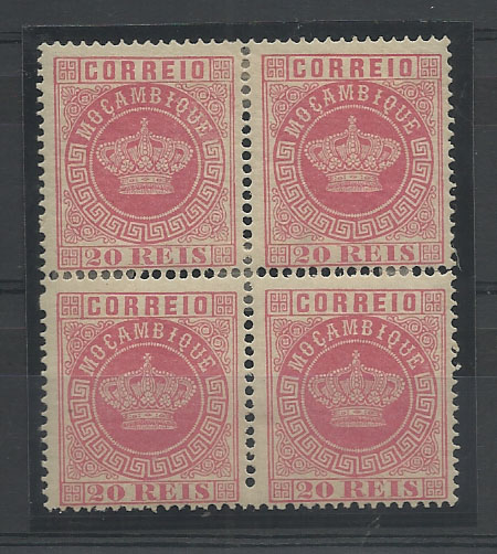 1235.jpg -     Lote:    1235            Moçambique       Descrição:         1881/85 &mdash; Tipo Coroa. CE11, 20 reis rosa, denteado 13 &frac12;. Quadra nova, com pequenas charneiras de reforço ao picotado. Único exemplar conhecido. Valor de catálogo &euro; 7.280,00.        **       Valor Base:     &euro; 1.200,00     Valor Venda:     &euro; 1.200,00       