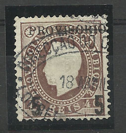 1236.jpg -     Lote:    1236            Moçambique       Descrição:         1893 &mdash; D. Luís I. Fita direita, com sobretaxa. CE27, 5 reis s/ 40 reis castanho. Sobrecarga tipo 4 e com algarismo "5" com 5mm de altura. Ligeira transparência. Valor de catálogo &euro; 260,00.        O       Valor Base:     &euro; 60,00     Valor Venda:     Retirado     