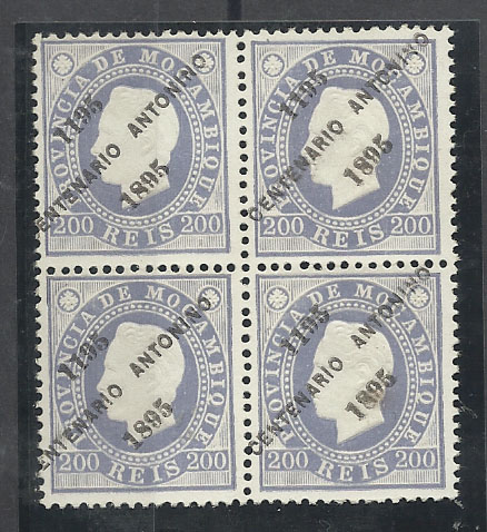 1237.jpg -     Lote:    1237            Moçambique       Descrição:         1895 &mdash; D. Luís I, fita direita, com sobrecarga do "Centenário Antonino". CE48, 200 reis, denteado 12 &frac12;. Quadra com a sobrecarga ligeiramente deslocada. Valor de catálogo &euro; 204,00         *       Valor Base:     &euro; 30,00     Valor Venda:     Retirado     