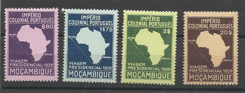 1245.jpg -     Lote:    1245            Moçambique       Descrição:         1939 &mdash; Segunda Viagem Presidencial às Colónias. CE 308/311. Série completa. Valor de catálogo &euro; 215.00.        **       Valor Base:     &euro; 35,00     Valor Venda:     Retirado     