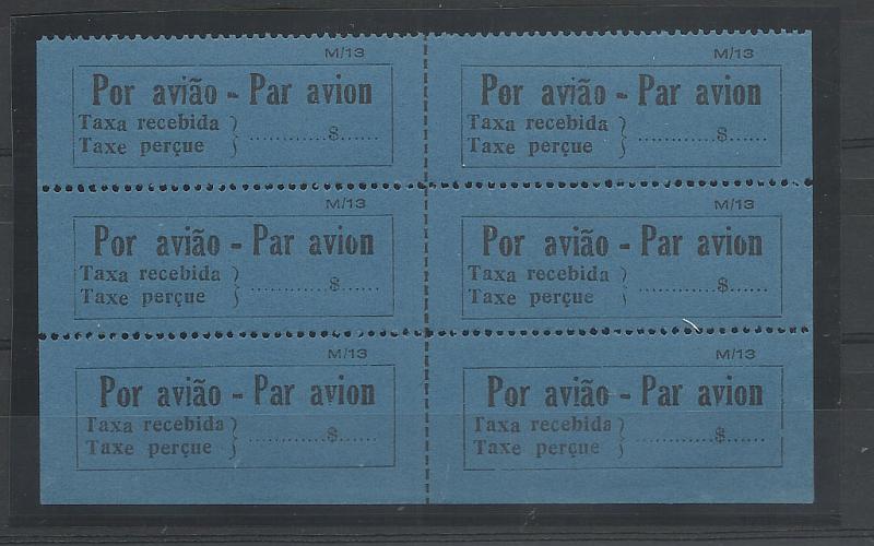 1252.jpg -     Lote:    1252            Moçambique       Descrição:         1937 &mdash; Sobretaxa do Correio Aéreo. Legenda Taxa recebida /Taxe Perçue. CE CA7. Bloco de seis etiquetas. Duas com a variante "i" mais fino. Valor de catálogo &euro; 168,00.        ***       Valor Base:     &euro; 35,00     Valor Venda:     &euro; 110,00       