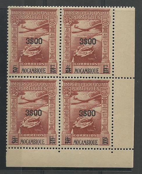1253.jpg -     Lote:    1253            Moçambique       Descrição:         1946 &mdash; Correio Aéreo. Império Colonial Português, com sobretaxa. CE CA10, 3$00 s/ 5$00 castanho. Quadra. Valor de catálogo &euro; 120,00.        ***       Valor Base:     &euro; 30,00     Valor Venda:     &euro; 32,00       