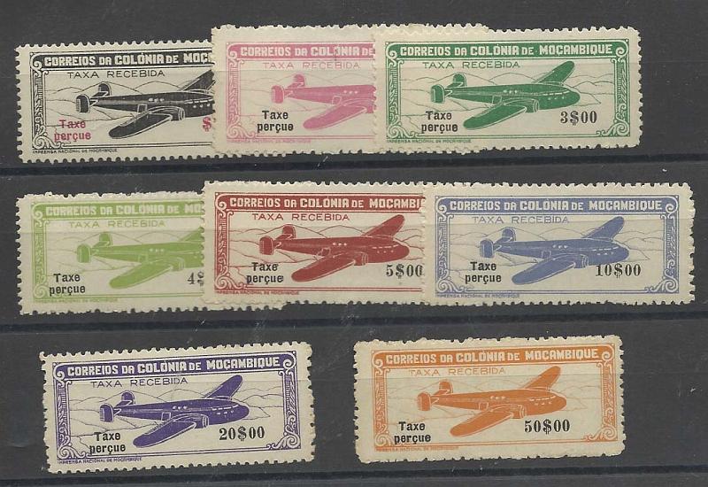 1255.jpg -     Lote:    1255            Moçambique       Descrição:         1947 &mdash; "Avião", com legenda "Taxe perçue". CE CA 16/23. Série completa. Valor de catálogo &euro; 270,00.        ***       Valor Base:     &euro; 55,00     Valor Venda:     &euro; 55,00       