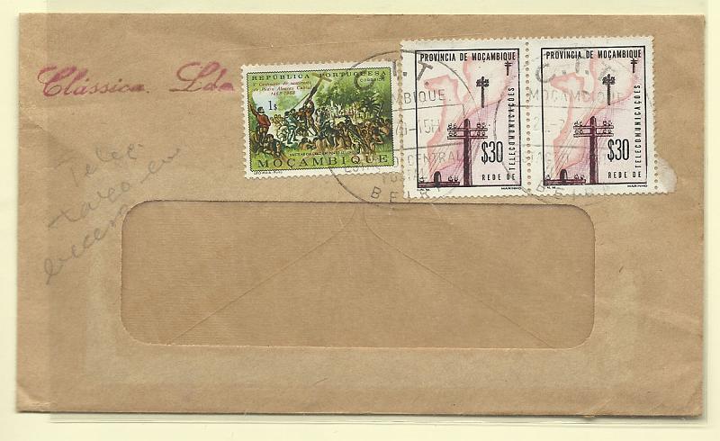 1257.jpg -     Lote:    1257            Moçambique       Descrição:         1968 &mdash; Centenário do Nascimento de Pedro Alvares Cabral + Imposto Postal * Rede de Telecomunicações. Sobrescrito com janela circulado da Beira (21.07.70) com selo de 1$50 CE506 e 2x$30 CE IP68 (excesso de franquia).        Carta       Valor Base:     &euro; 15,00     Valor Venda:     Retirado     