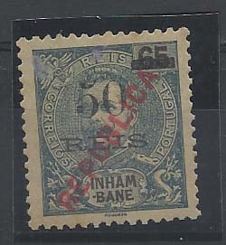 1259.jpg -     Lote:    1259            Inhambane       Descrição:         1914 &mdash; D. Carlos I, com sobrecarga REPUBLICA local. CE87, 50 s/ 65 reis. Selo com "5" partido. Mancha no verso. Valor de catálogo &euro; 30,00.        **       Valor Base:     &euro; 8,00     Valor Venda:     &euro; 14,00       