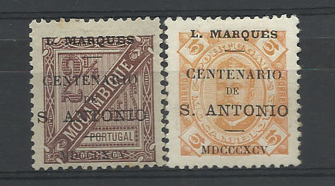 1261.jpg -     Lote:    1261            Lourenço Marques       Descrição:         1895 &mdash; D. Carlos I tipo Diogo neto, com sobrecarga "Centenário de S. António". Lote de dois selos de 2 &frac12; reis CE23 + 5 reis CE24. Valor de catálogo &euro; 40,00.        **/*       Valor Base:     &euro; 8,00     Valor Venda:     &euro; 16,00       