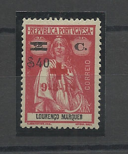 1265.jpg -     Lote:    1265            Lourenço Marques       Descrição:         1918 &mdash; Ceres, com sobrecarga "CRUZ VERMELHA" e sobretaxa. CE167, $40 s/ 2c carmim, com sobrecarga tipo C, não catalogada.        **       Valor Base:     &euro; 10,00     Valor Venda:     &euro; 24,00       