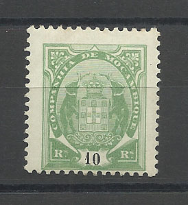 1268.jpg -     Lote:    1268            Companhia de Moçambique       Descrição:         1907 &mdash; Tipo Elefantes. CE50, 10 reis verde em papel pontinhado. Não catalogado neste tipo de papel.        **       Valor Base:     &euro; 5,00     Valor Venda:     &euro; 24,00       