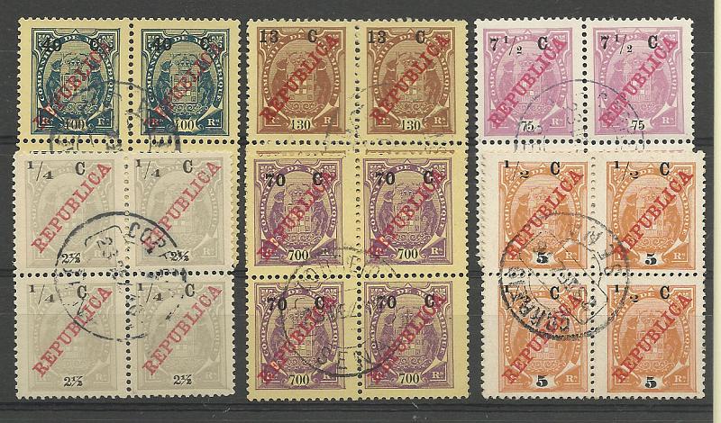 1270.jpg -     Lote:    1270            Companhia de Moçambique       Descrição:         1916 &mdash; Tipo Elefantes, com REPUBLICA e sobretaxa em centavos. Lote de 6 quadras de &frac14; c s/ 2 &frac12; reis CE92, &frac12; c s/ 5 reis CE93, 7 &frac12; c s/ 75 reis CE99, 13c s/ 130 reis CE102, 40c s/ 400 reis CE104 e 70c s/ 700 reis CE106..        O       Valor Base:     &euro; 12,00     Valor Venda:     Retirado     