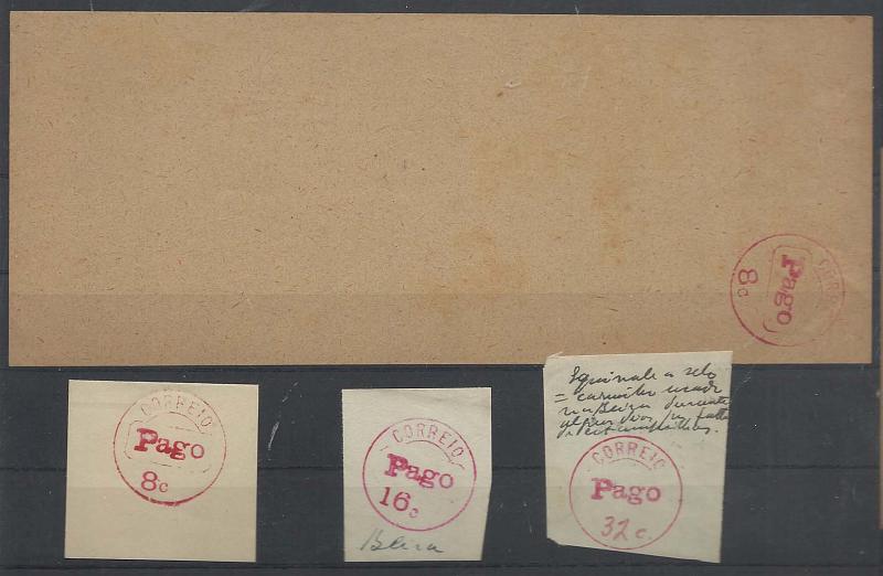 1273.jpg -     Lote:    1273            Companhia de Moçambique       Descrição:         1924/25 &mdash; Selos fixos de recurso. Conjunto constituído por 2 cintas de jornal, novas e pré franquiadas com carimbo circular a vermelho PAGO (8C e 16C) + 3 fragmentos com idênticos selos fixos a vermelho de 8c e 16c e manuscrito 32c, todos utilizados na estação da Beira (Companhia de Moçambique). Estes selos fixos foram legalmente utilizados na Beira, como selos de recurso entre Outubro de 1924 e Fevereiro de 1925).        CNT/FRG       Valor Base:     &euro; 30,00     Valor Venda:     &euro; 30,00       