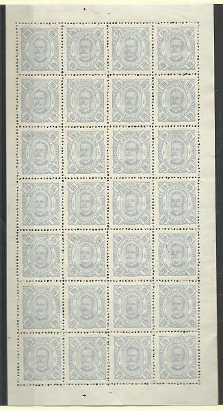 1275.jpg -     Lote:    1275            Zambézia       Descrição:         1893/94 &mdash; D. Carlos Diogo Neto. CE7, 50 reis azul claro, denteado 12 172. Folha completa com 28 selos. Valor de catálogo &euro; 100,80.        *       Valor Base:     &euro; 28,00     Valor Venda:     &euro; 28,00       