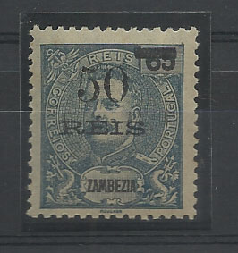 1279.jpg -     Lote:    1279            Zambézia       Descrição:         1905 &mdash; D. Carlos I Mouchon, com sobretaxa. CE54, 50 s/65 reis azul. Selo com "5" partido. Valor de catálogo &euro; 85,00.        **       Valor Base:     &euro; 10,00     Valor Venda:     &euro; 24,00       