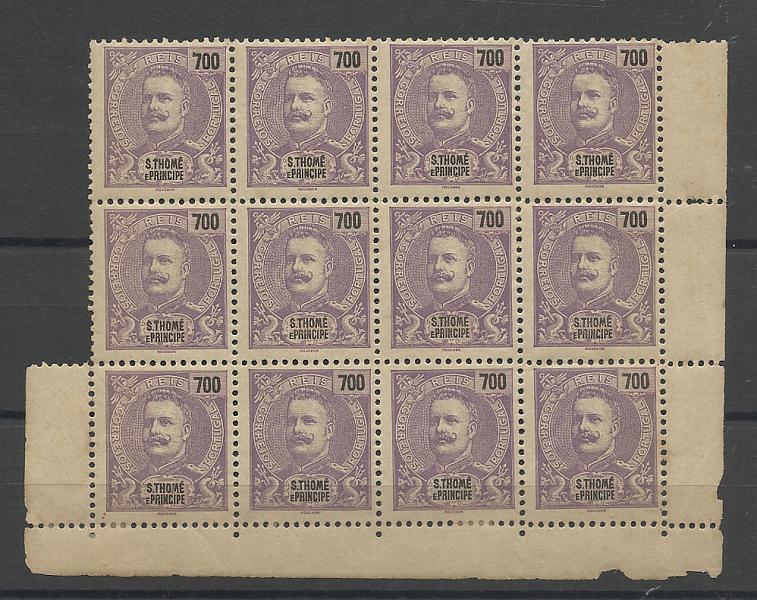 1282.jpg -     Lote:    1282            S. Tomé e Príncipe       Descrição:         1898 &mdash; D. Carlos I Mouchon. CE57, 700 violeta. Bloco de 12 selos. Valor de catálogo &euro; 348,00.        *       Valor Base:     &euro; 50,00     Valor Venda:     Retirado     