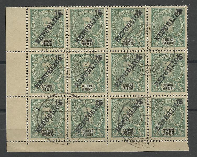 1283.jpg -     Lote:    1283            S. Tomé e Príncipe       Descrição:         1913 &mdash; D. Carlos I Mouchon, com sobrecarga REPUBLICA local (zincogravura). CE168, 15 reis verde. Bloco de 12 selos. Valor de catálogo &euro; 39,60.        O       Valor Base:     &euro; 8,00     Valor Venda:     &euro; 8,00       