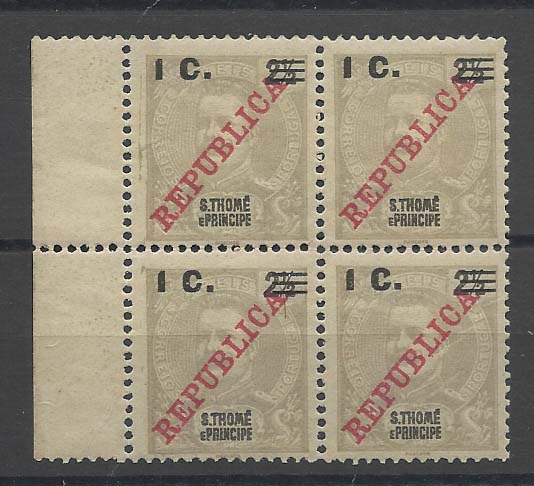 1285.jpg -     Lote:    1285            S. Tomé e Príncipe       Descrição:         1919 &mdash; D. Carlos I Mouchon, com sobrecarga REPUBLICA e sobretaxa. CE229, 1c s/ 2 &frac12; reis. Quadra, com um dos selos com "0" aberto para "C". valor de catálogo &euro; 39,60.        *       Valor Base:     &euro; 10,00     Valor Venda:     &euro; 10,00       