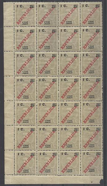 1286.jpg -     Lote:    1286            S. Tomé e Príncipe       Descrição:         1919 &mdash; D. Carlos I Mouchon, com sobrecarga REPUBLICA e sobretaxa. CE229, 1C s/ 2 &frac12; reis cinzento. Folha completa de 28 selos. Valor de catálogo &euro; 151,20.        ***       Valor Base:     &euro; 22,00     Valor Venda:     &euro; 22,00       