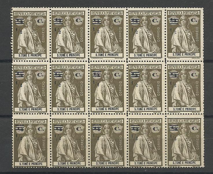 1287.jpg -     Lote:    1287            S. Tomé e Príncipe       Descrição:         1919 &mdash; Ceres, com sobretaxa. CE231, &frac12; s/ &frac14; c sépia. Bloco de 15 selos. Valor de catálogo &euro; 75,00.        *       Valor Base:     &euro; 15,00     Valor Venda:     &euro; 15,00       