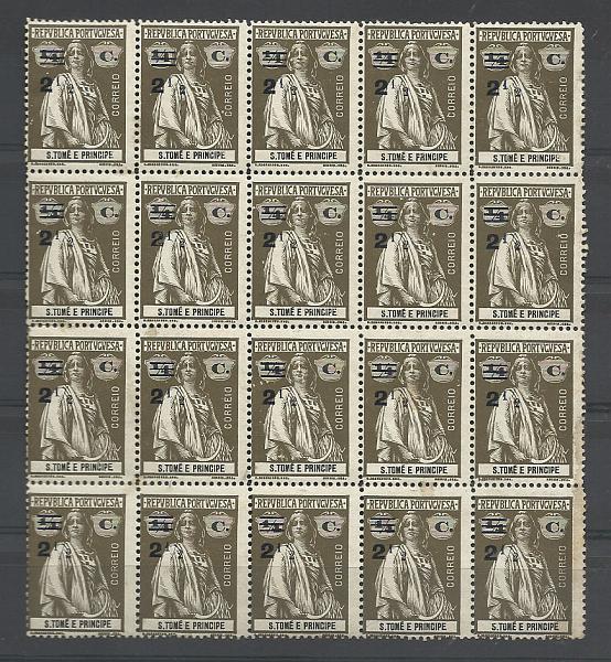 1288.jpg -     Lote:    1288            S. Tomé e Príncipe       Descrição:         1919 &mdash; Ceres, com sobretaxa. CE233, 2 &frac12; s/ &frac14; c sépia. Bloco de 20 selos. Valor de catálogo &euro; 340,00.        ***/**       Valor Base:     &euro; 60,00     Valor Venda:     &euro; 60,00       