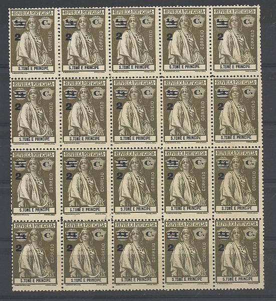 1289.jpg -     Lote:    1289            S. Tomé e Príncipe       Descrição:         1919 &mdash; Ceres, com sobretaxa. CE232, 2 s/ &frac14; c sépia. Bloco de 20 selos. Valor de catálogo &euro; 100,00.        *       Valor Base:     &euro; 20,00     Valor Venda:     &euro; 20,00       