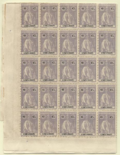 1292.jpg -     Lote:    1292            S. Tomé e Príncipe       Descrição:         1922 &mdash; Ceres. Novas cores e valores. CE251, 6c lilás claro. Folha completa com 180 selos. Valor de catálogo &euro; 108,00.        ***       Valor Base:     &euro; 20,00     Valor Venda:     &euro; 20,00       