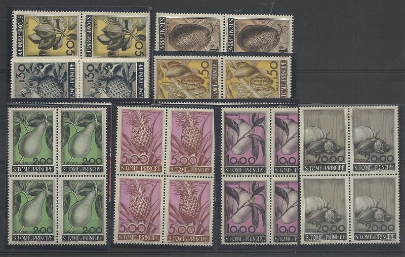 1296.jpg -     Lote:    1296            S. Tomé e Príncipe       Descrição:         1948 &mdash; Frutos de S. Tomé e Príncipe. CE337/348. Série completa em quadras. Quadras de 1$75 e 20$00, com alguns selos com ligeiros pontos de óxido. Lote a ver. Valor de catálogo &euro; 1.268,00.        ***       Valor Base:     &euro; 80,00     Valor Venda:     &euro; 80,00       