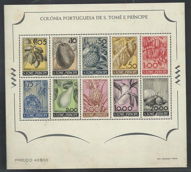 1299.jpg -     Lote:    1299            S. Tomé e Príncipe       Descrição:         1948 &mdash; Frutos de S. Tomé e Príncipe. CE BLC1. Bloco com ligeiras manchas no verso e ligeiros defeitos na goma. Valor de catálogo &euro; 480,00.        BLC***       Valor Base:     &euro; 40,00     Valor Venda:     Retirado     