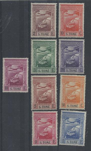 1300.jpg -     Lote:    1300            S. Tomé e Príncipe       Descrição:         1938 &mdash; Correio Aéreo. Império Colonial Português. CE CA 1/9. Série completa. Valor de catálogo &euro; 323,00.        **       Valor Base:     &euro; 90,00     Valor Venda:     Retirado     