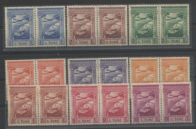 1301.jpg -     Lote:    1301            S. Tomé e Príncipe       Descrição:         1938 &mdash; Correio aéreo. Império Colonial Português. Legenda "S. TOMÉ". CE CA 1/9. Série completa em pares. Regomados e com ligeiras manchas no verso. Série muito rara em pares e completa.        RG***       Valor Base:     &euro; 100,00     Valor Venda:     Retirado     